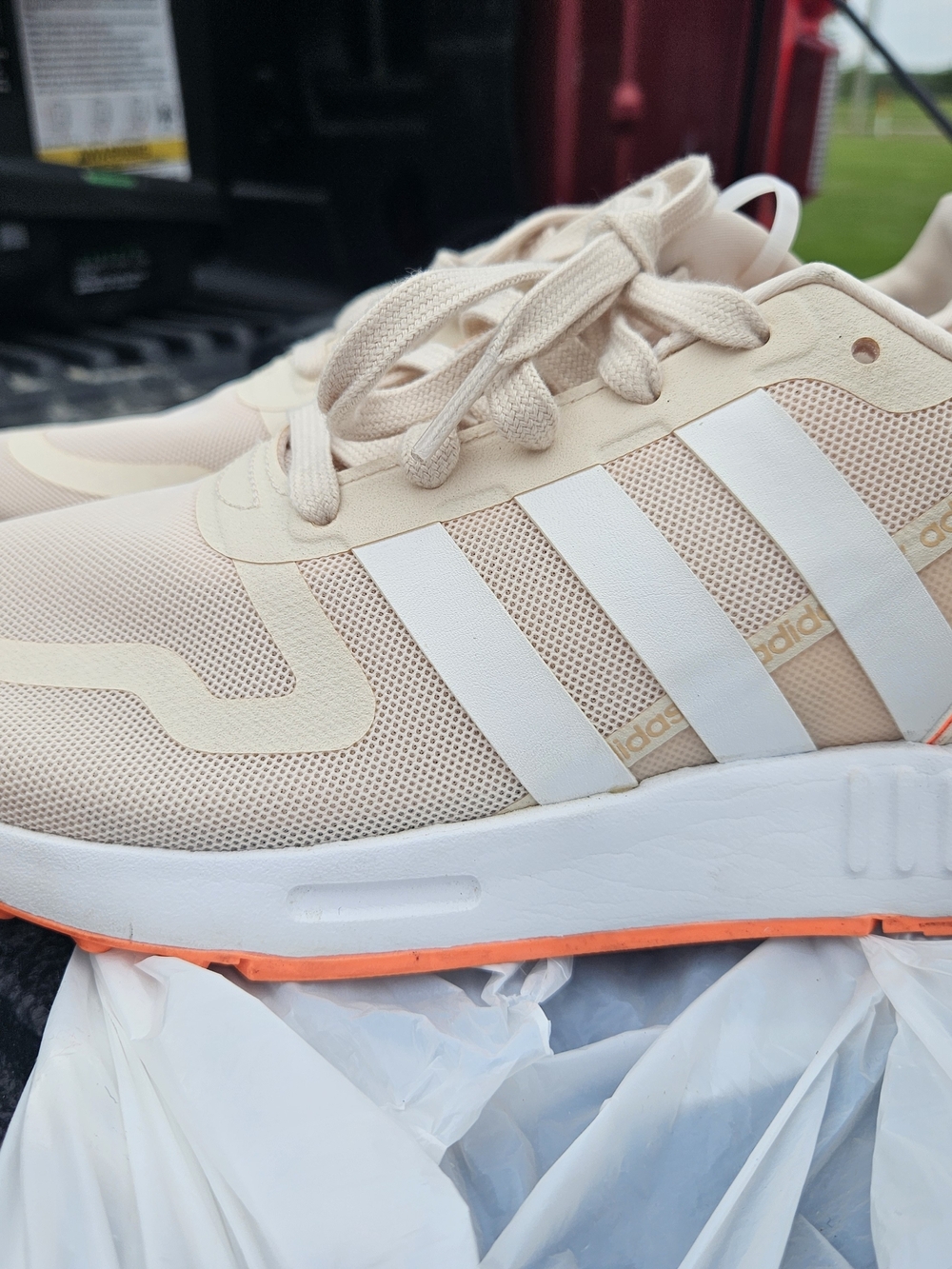 Adidas Beige Mesh Sneakers with White Stripes